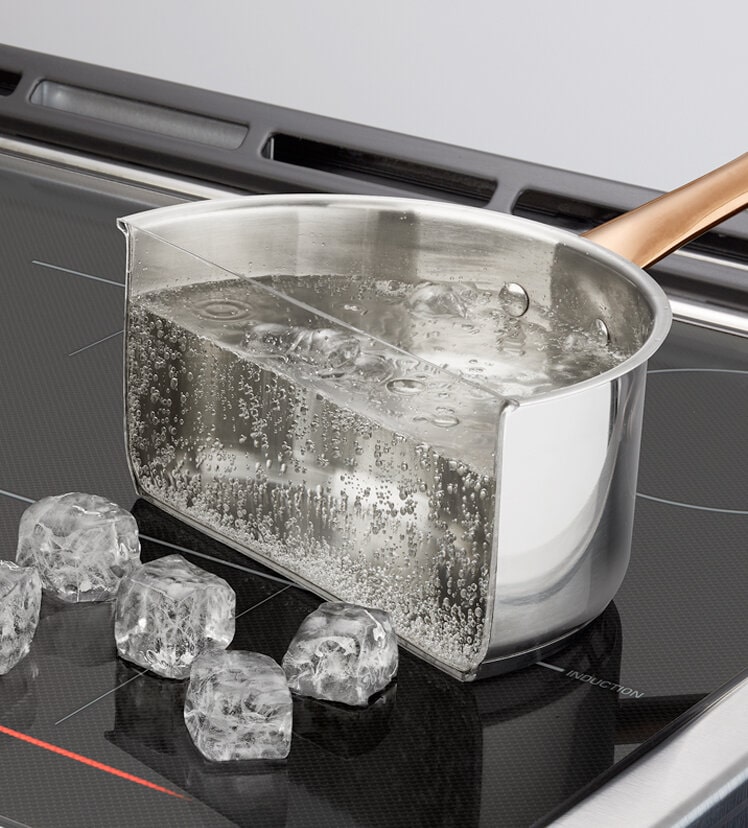 A pot of water cut in half, with half on the heating element of an LG Induction Cooktop boiling and the other frozen into ice cubes.