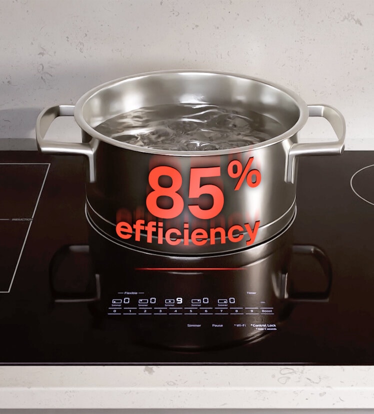 A pot of water boiling on an LG induction cooktop.