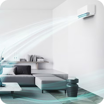 A wall-mounted air conditioner operating in a living room, gently circulating airflow.