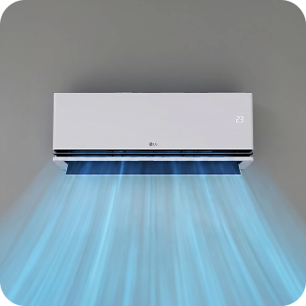 A wall-mounted air conditioner blowing a wide, powerful stream of cool air downward.