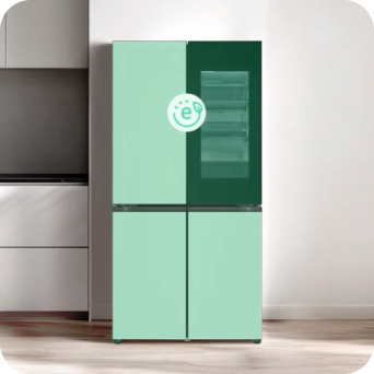 A 4-door refrigerator highlighting its fresh food storage feature with a vegetable icon.