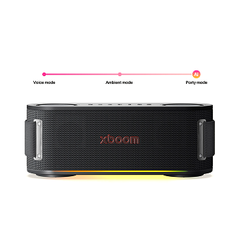 LG xboom AI speaker with AI Lighting LEDs glowing in different modes: Voice mode highlighting vocal frequencies, Ambient for relaxed listening, and Party for dynamic gatherings.