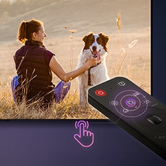 The LG AI Magic Remote in use — a short press of the dedicated AI button activates AI Concierge on the OLED AI TV screen, which then suggests personalized keywords and content recommendations based on viewing history.
