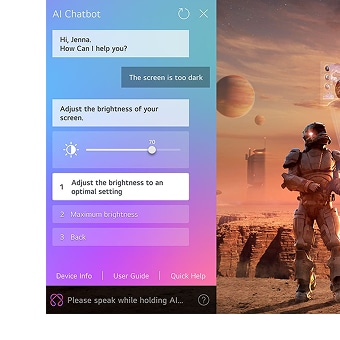 Sci-fi content plays on an LG OLED AI TV. The AI Chatbot interface appears on the left side of the screen as the user messages "the screen is too dark." The chatbot understands the request and offers tailored solutions, demonstrating natural-language troubleshooting on LG webOS.