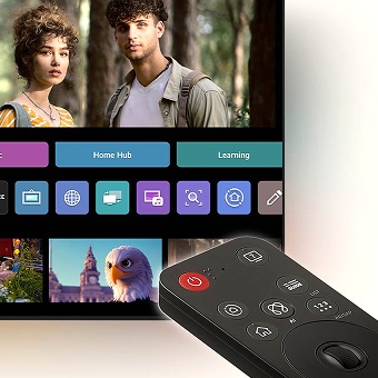 Two connected scenes featuring the LG AI Magic Remote in front of an LG AI TV — the first shows immersive sci-fi content with AI-enhanced picture, the second shows the webOS home screen with personalized content recommendations powered by AI Concierge.