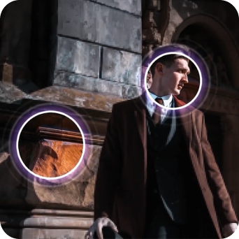 Visual effect graphic emphasizing a man standing in front of an antique architectural structure.