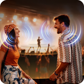 Immersive sound wave graphics radiating from a man and woman talking in a concert setting.