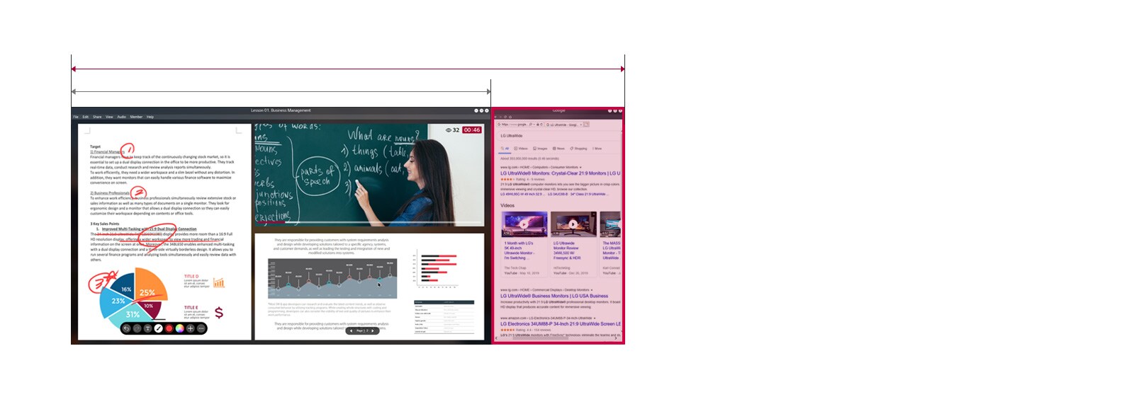 Image of 33% wider screen space of 21:9 UltraWide Full HD compared to 16:9 Full HD display with an ongoing online class on the screen. 