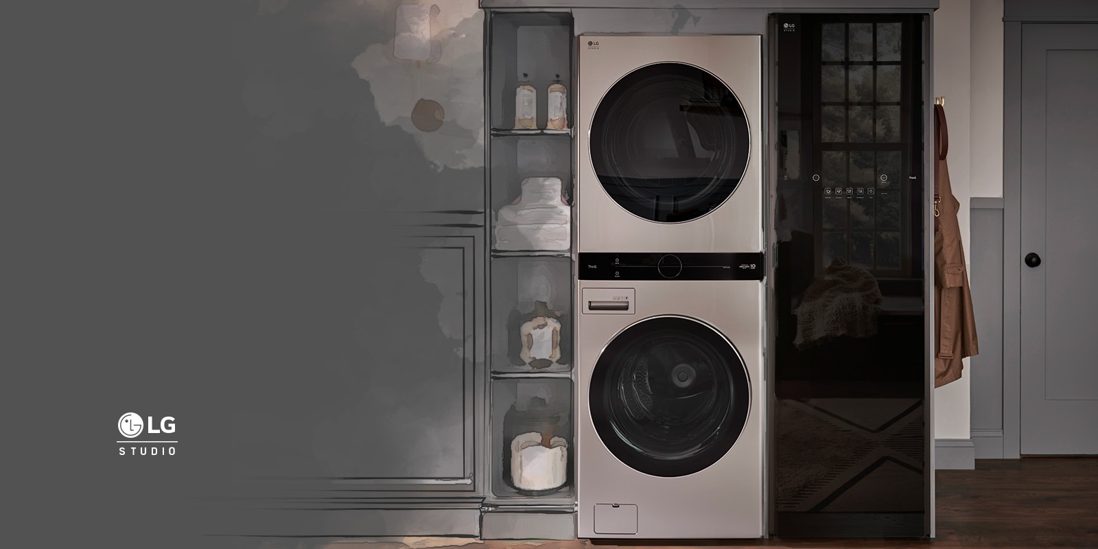 display of LG washer dryer tower and styler