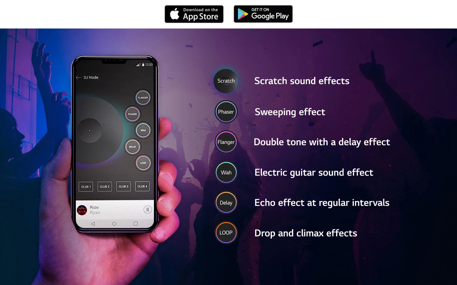 To express the sound coming out of the product as if it were a DJ through XBOOM APP, the image of the hand holding the phone with the DJ APP screen on and the functions listed next to it.