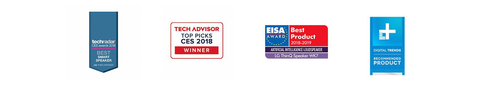 4 Award logos - 1.TechRadar CES Award 2018 logo, 2. Tech Advisor top pics CES 2018 winner logo, 3. EISA Award Best Product 2018-2019 logo, 4. Digital Trends recommended product logo