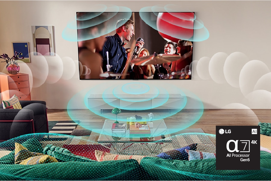 A singer on-screen with sound waves reverberating from the TV. Alpha7 4K AI Processor Gen6 chip.