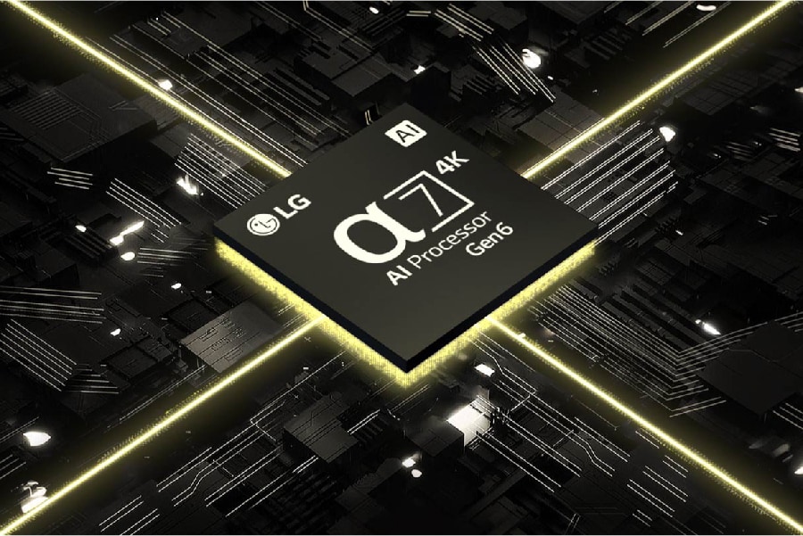 Alpha7 4K AI Processor Gen6 chip emanates light.