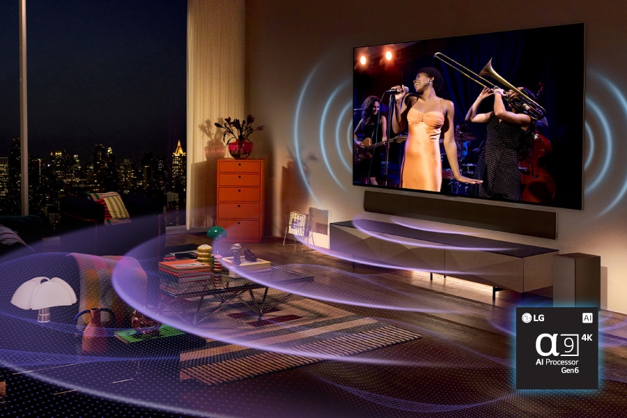 На экране появляется певец со звуковыми волнами, отражающимися от телевизора и звуковой панели. Процессор Alpha9 4K AI Gen6 с чипом.