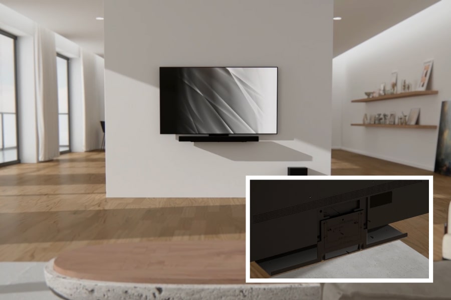 A TV and sound bar mounted to the wall with the LG Synergy Bracket.