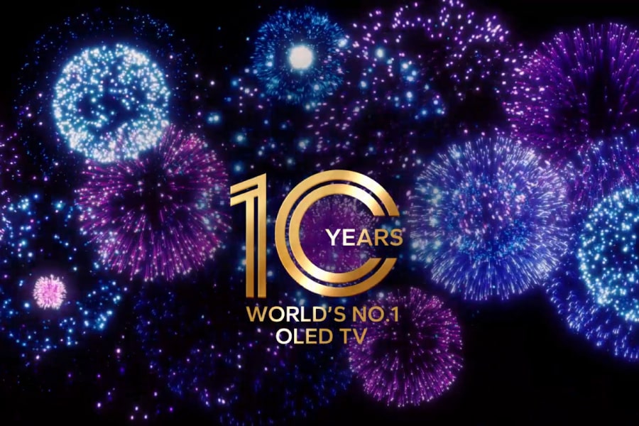 A fireworks display. 10 years world's no. 1 OLED TV logo.