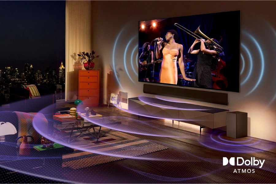 A singer on-screen with sound waves reverberating from the TV and sound bar. Dolby Atmos logo.
