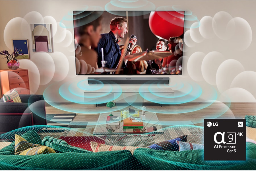 A singer on-screen with sound waves reverberating from the TV and sound bar. Alpha9 4K AI Processor Gen6 chip.