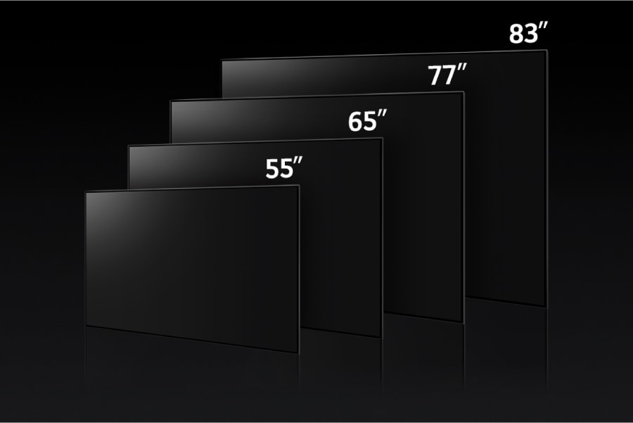 TVs stacked next to each other in increasing sizes. Text: 55", 65", 77", 83"