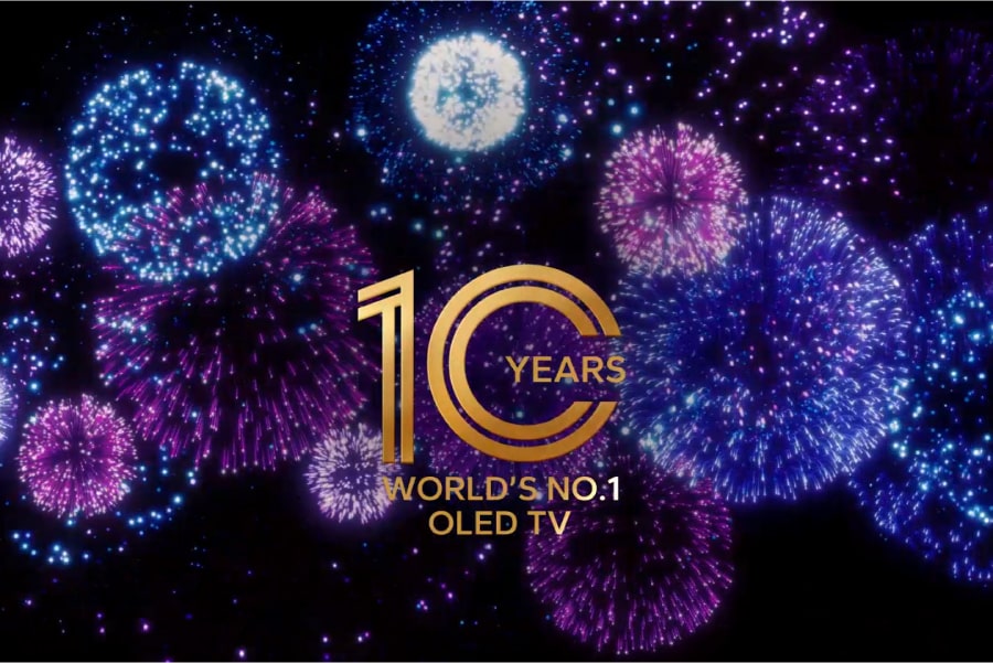 A fireworks display. 10 years world's no. 1 OLED TV logo.