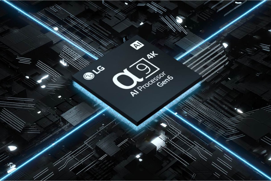 Alpha9 4K AI Processor Gen6 chip emanates light.