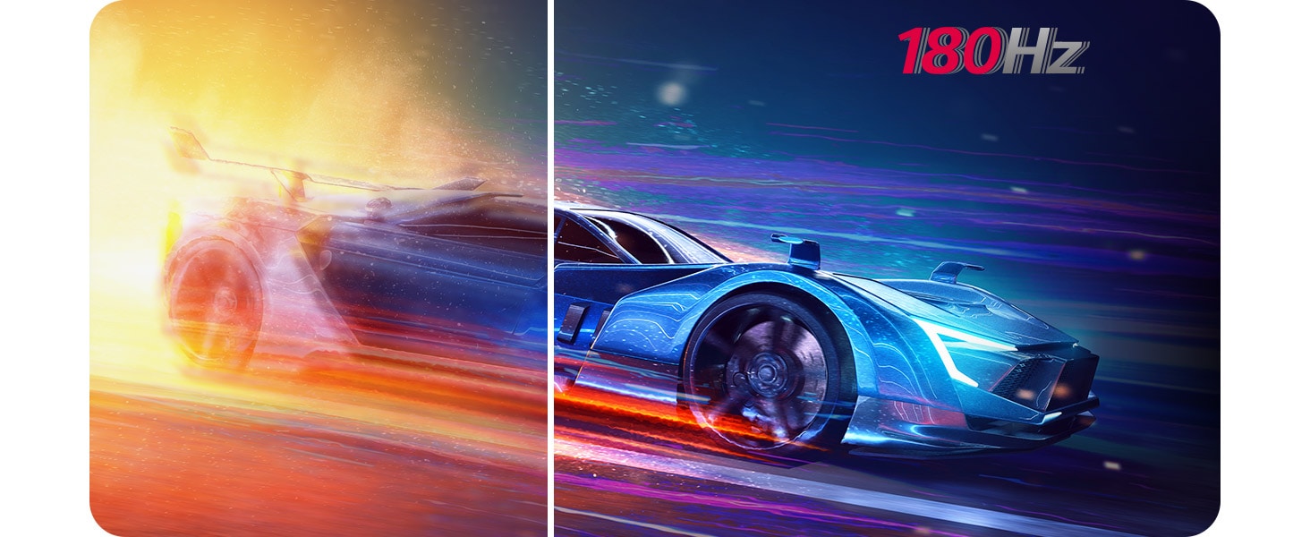 It is a comparison image of a fast-paced game with a low refresh rate and a clear image with a 180Hz high refresh rate.