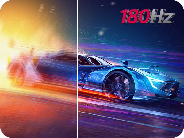 It is a comparison image of a fast-paced game with a low refresh rate and a clear image with a 180Hz high refresh rate.