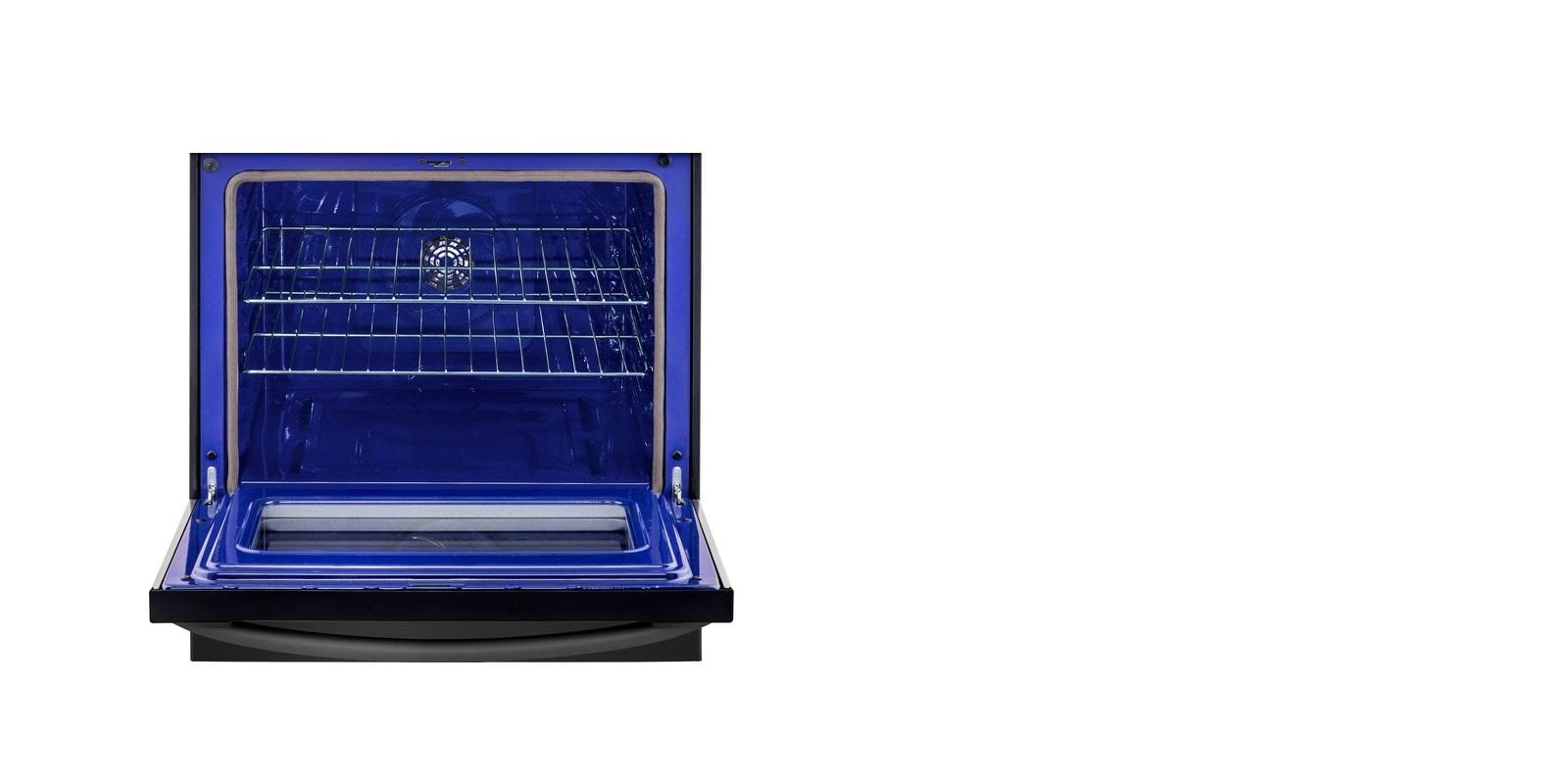 LG oven with open door on white background