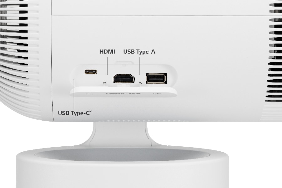 Close up of the projector's various ports. Text: USB Type-C®, HDMI, USB Type-A