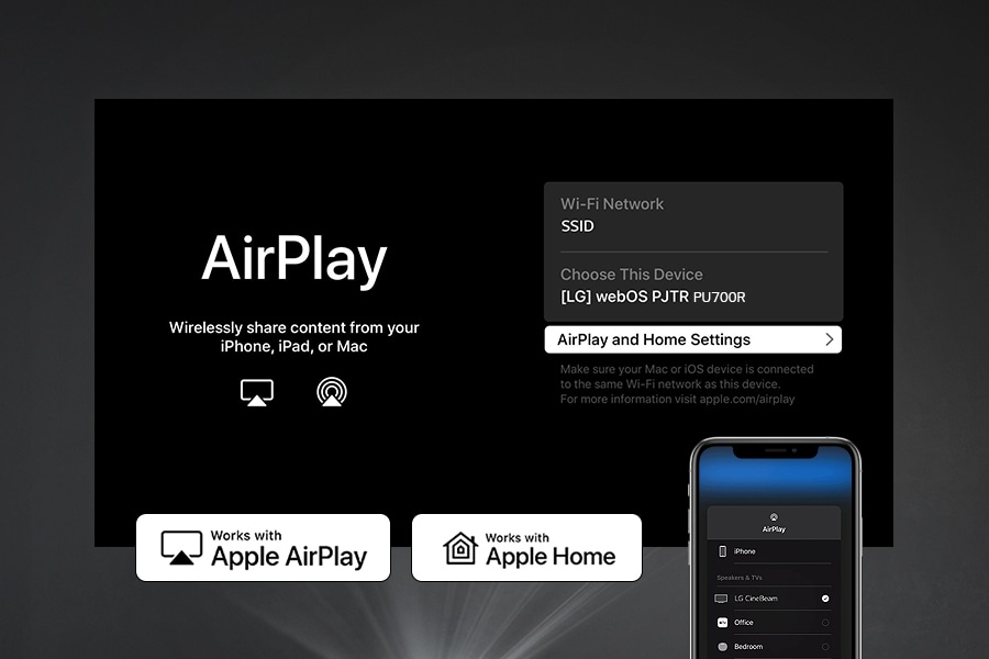 A phone is shown with AirPlay menu options. Text: AirPlay - wirelessly share contenct from your iPhone, iPad, or Mac. Works with Apple AirPlay. Works with Apple Home. 