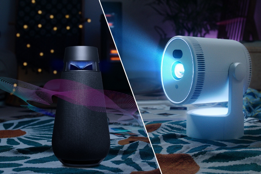 A split screen scene of the projector and a Bluetooth speaker with sound waves reverberating off of it.