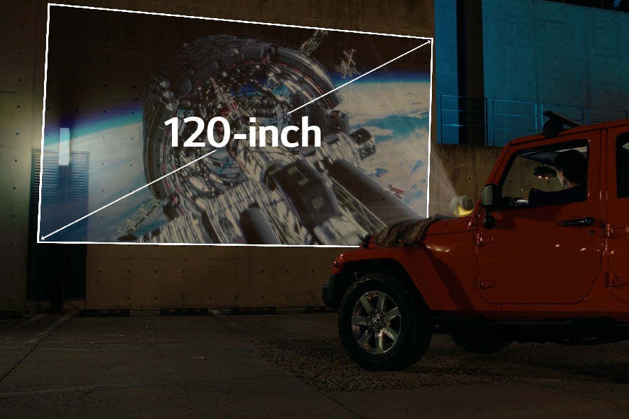 A projector placed on the hood of a parked car, projecting a movie onto a wall. Text: 60-inch, 120-inch. 
