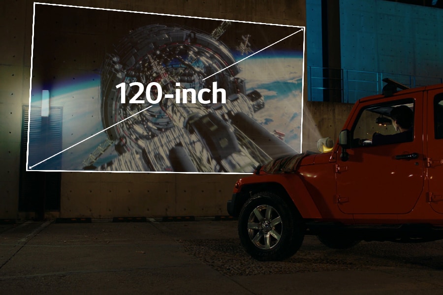 A projector placed on the hood of a parked car, projecting a movie onto a wall. Text: 60-inch, 120-inch.