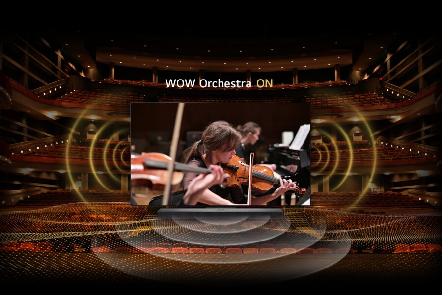 An orchestra playing on-screen with sound waves reverberating from the TV. Alpha7 AI Processor Gen6 chip. Text: WOW Orchestra ON.