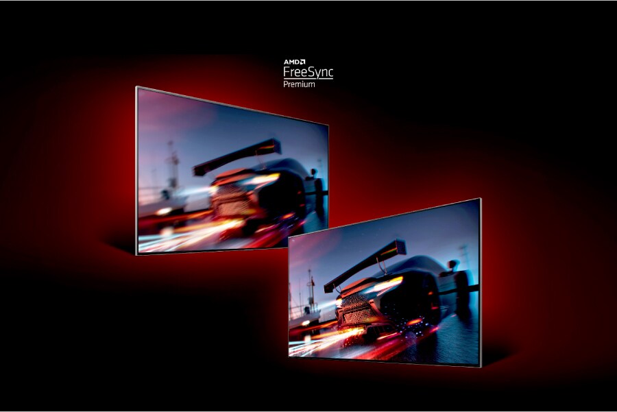 Video game content on screen. AMD FreeSync Premium logo. VRR logo. GEFORCE NOW logo.