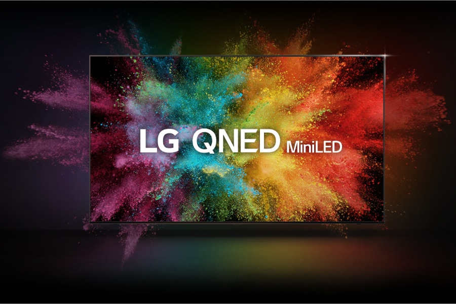 A vibrant display of colors exploding from the screen. LG QNED MiniLED logo.
