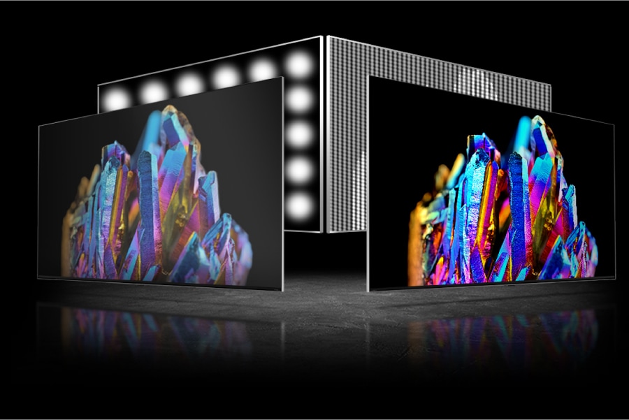 Two TVs displaying different backlighting techonologies with the right appearing more precise.