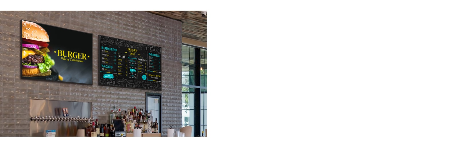 Two UV5N-E units powered by BrightSignOS are installed on the wall of a restaurant.