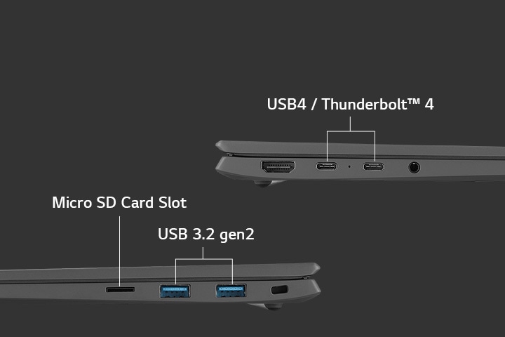 multi ports - USB4 Thunderbolt 4, Micro SD Card Slot, and USB 3.2 gen2.
