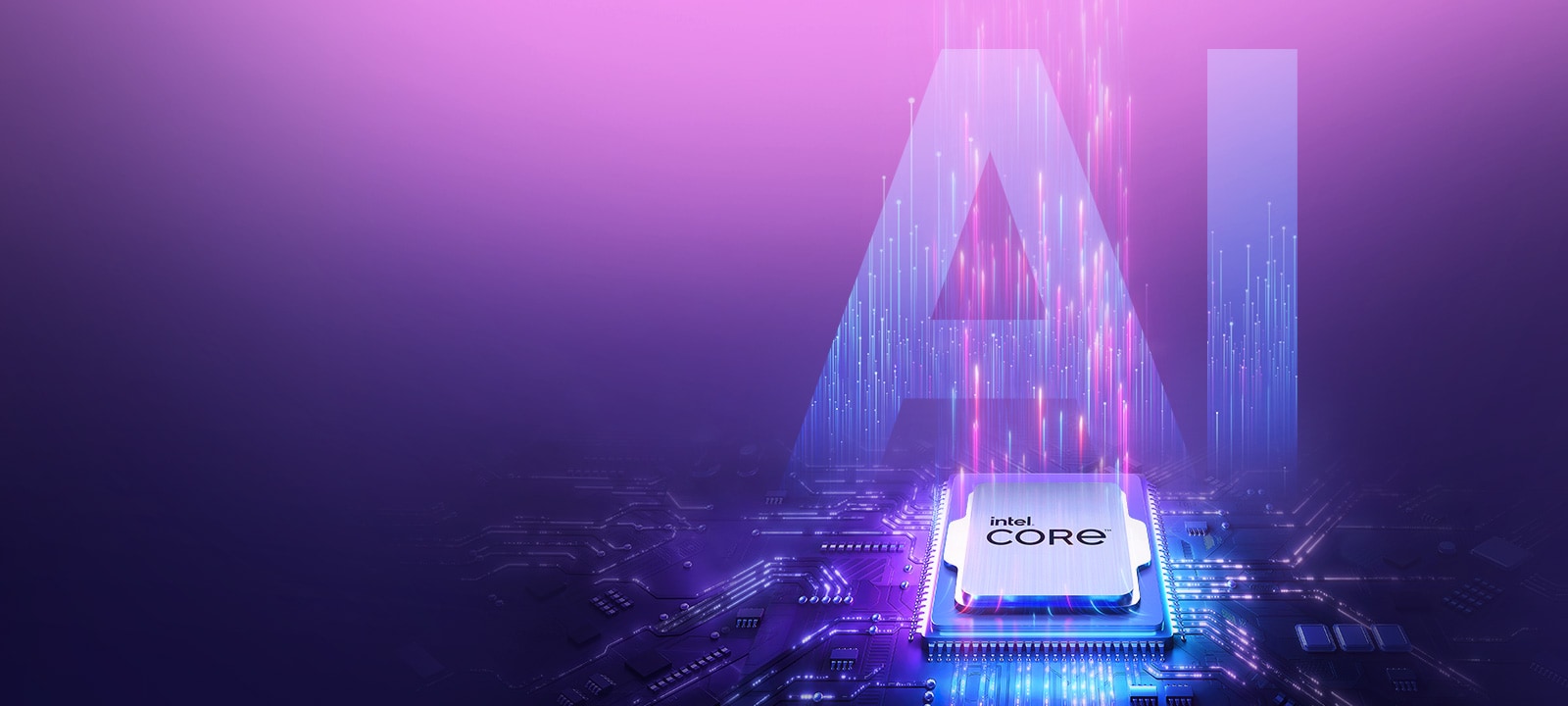 The image features an Intel Core processor set against a vibrant, futuristic background with shades of purple and blue. The large, semi-transparent letters "AI" are prominently displayed in the background, reinforcing the focus on artificial intelligence.
