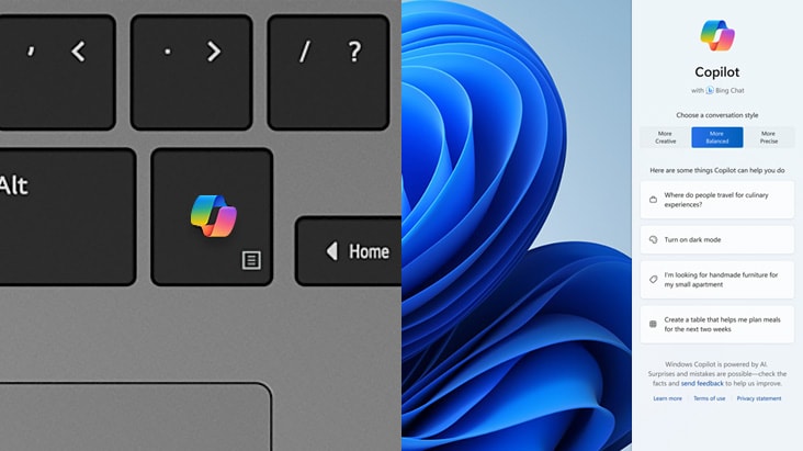 The image shows a close-up of a laptop keyboard on the left, highlighting a dedicated key with the Windows Copilot icon. On the right, there is a screenshot of the Windows Copilot interface, featuring an AI assistant panel with suggested tasks and commands.