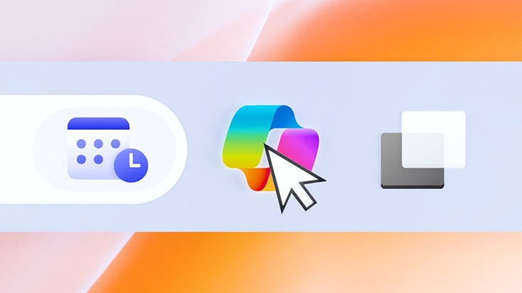 The image features a user interface segment, showcasing icons in a taskbar or app launcher. The center icon, highlighted with a cursor, represents the Windows Copilot, a colorful symbol indicating AI-powered assistance. 
