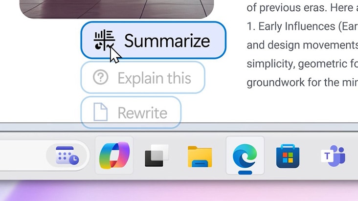 The image shows a cursor hovering over a "Summarize" button in a digital assistant interface. Below are options like "Explain this" and "Rewrite."