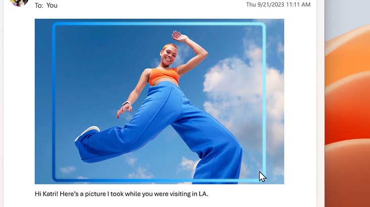 The image shows a photo of a person wearing bright orange and blue clothes against a clear sky, with the entire area selected with the mouse pointer and the click of "Remove Background", the background is removed and only the person remains.