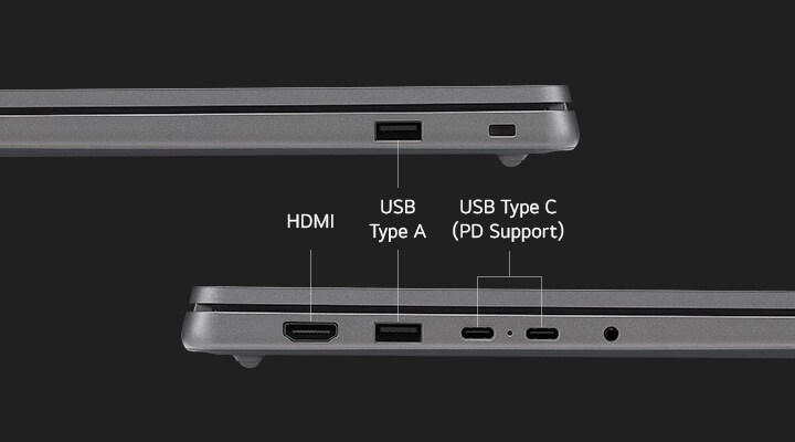 The image displays the side view of a gray laptop, showcasing its ports. The top view highlights a USB Type A port. The bottom view includes an HDMI port, a USB Type A port, a USB Type C port with PD (Power Delivery) support, and a headphone jack.