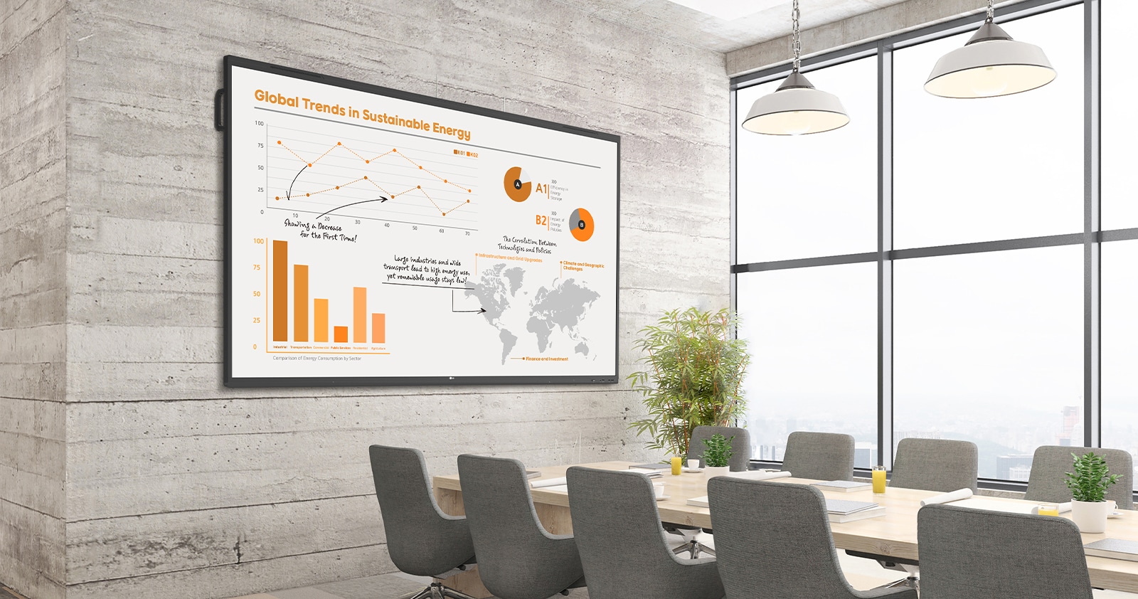 In the conference room, there's a large TR3PN installed on the wall, vividly displaying materials for the meeting on the screen.