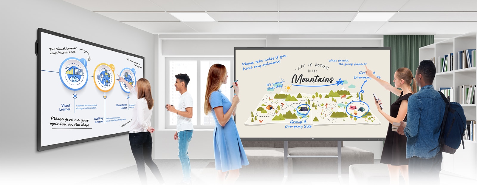 In the ideation space of the lecture room, there are two TR3PNs—one mounted on the wall and the other a stand-alone unit. Students freely share their opinions by writing on the TR3PNs.