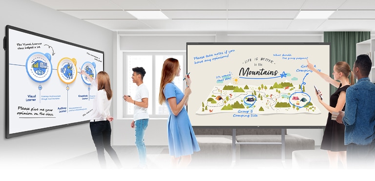 In the ideation space of the lecture room, there are two TR3PNs—one mounted on the wall and the other a stand-alone unit. Students freely share their opinions by writing on the TR3PNs.