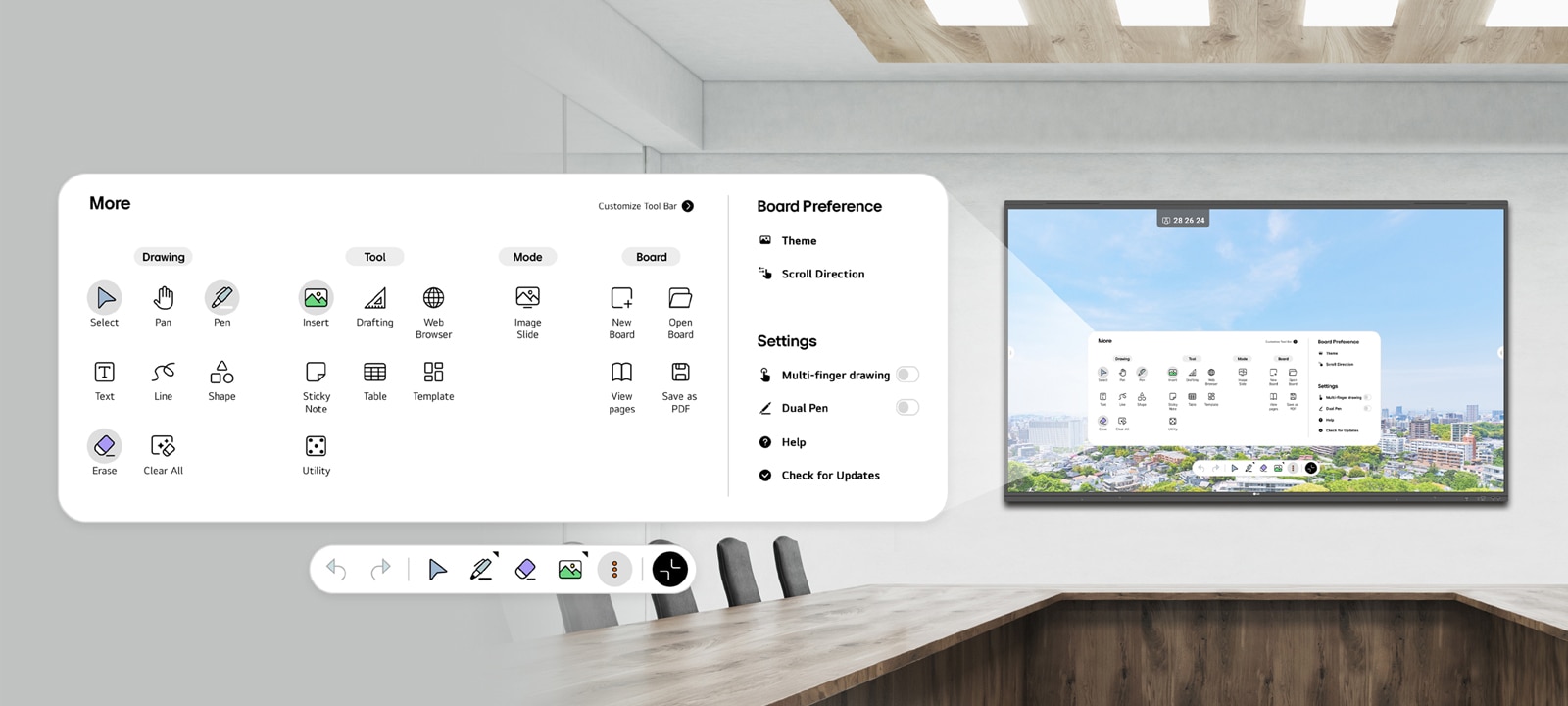 A TR3PN is mounted on the wall of the conference room, with the menu bar displayed on the screen.