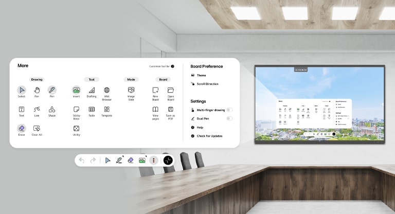 A TR3PN is mounted on the wall of the conference room, with the menu bar displayed on the screen.